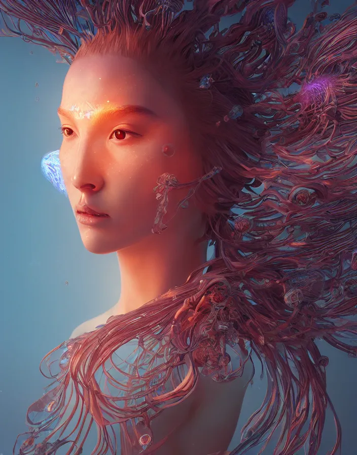 Image similar to goddess portrait. jellyfish phoenix head. intricate artwork by Tooth Wu and wlop and beeple. octane render, trending on artstation, greg rutkowski very coherent symmetrical artwork. cinematic, hyper realism, high detail, octane render, 8k