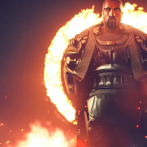 Image similar to Still of Kanye West as Emperor Napoleon in Gears of War, splash art, movie still, cinematic lighting, dramatic, octane render, long lens, shallow depth of field, bokeh, anamorphic lens flare, 8k, hyper detailed, 35mm film grain