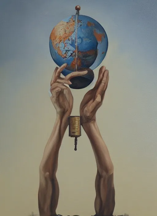 Image similar to a painting of a man holding a globe in his hands, a surrealist painting by Szymon Kot, deviantart, metaphysical painting, oil on canvas, surrealist, dystopian art,