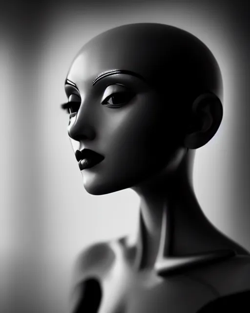 Image similar to black and white dreamy young beautiful female artificial intelligence, metropolis, cinematic, rim light, bokeh, photo - realistic, elegant, high detail, 8 k, masterpiece, photo taken in 1 9 3 0