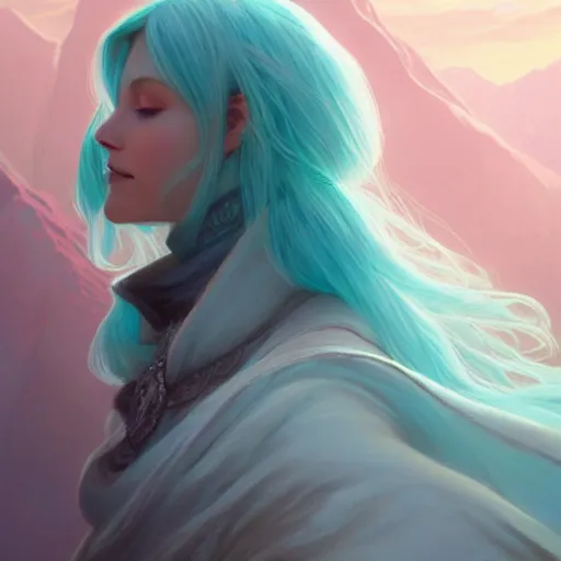 Prompt: teal haired mage, female, glacier landscape, norway, d & d, fantasy, intricate, elegant, highly detailed, digital painting, pink and teal color palette, artstation, octane render, concept art, matte, sharp focus, illustration, herrarthstone, art by artgerm and greg rutkowski and alphonse mucha