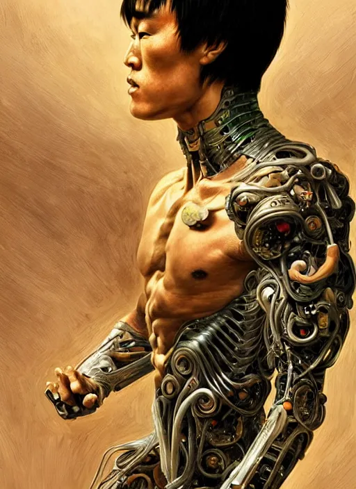 Image similar to bruce lee as a organic cyborg, diffuse lighting, fantasy, intricate, elegant, highly detailed, lifelike, photorealistic, digital painting, artstation, illustration, concept art, smooth, sharp focus, art by john collier and albert aublet and krenz cushart and artem demura and alphonse mucha