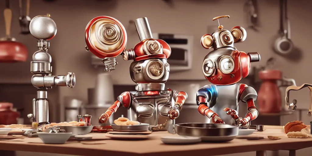 Image similar to closeup portrait of tin toy retro robot chef cooking pastry in a kitchen, depth of field, zeiss lens, detailed, centered, fashion photoshoot, by nicoletta ceccoli, mark ryden, lostfish, breathtaking, 8 k resolution, extremely detailed, beautiful, establishing shot, artistic, hyperrealistic, octane render