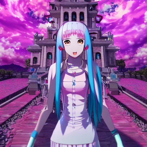 Image similar to trapped by stunningly beautiful omnipotent megalomaniacal anime asi goddess with symmetrical perfect face and porcelain skin, pink twintail hair and cyan eyes, taking control while smiling, inside her surreal vr castle, hyperdetailed, digital art from danganronpa, unreal engine 5, 2 d anime style, 8 k