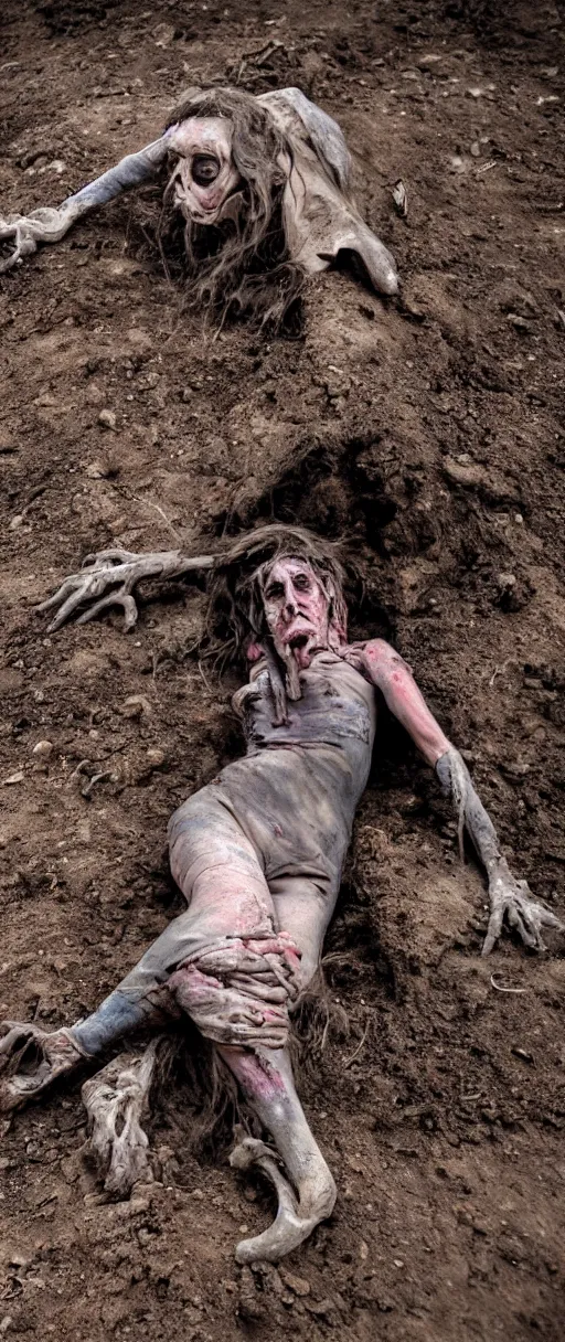 Prompt: an 8 k hdr photo of a dirty scraggy witch who has broken limbs and is bent up and curled hunched over on the ground in a sick beast dirt hole lookin up shy at us