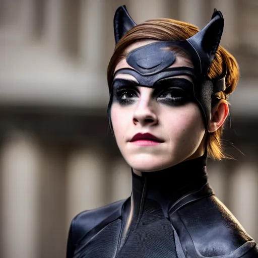 Image similar to Emma Watson as Catwoman, 105mm, Canon, f/1.4, ISO 100, 1/200s, 8K, RAW, symmetrical balance, Dolby Vision, Aperture Priority