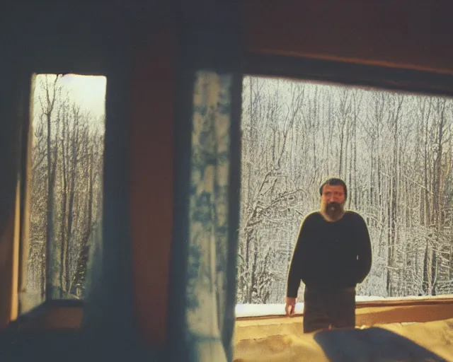 Image similar to lomographic tarkovsky film still of 4 0 years russian man with beard and sweater standing on small hrushevka 9 th floor balcony in taiga looking at sunset, perfect faces, cinestill, bokeh