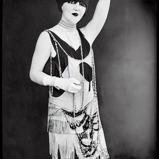 Prompt: 1 9 2 0 s flapper wearing streetwear designed by vivienne westwood, professional studio photography, hp 5 film, large - format photograph