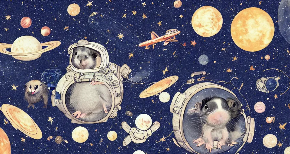 Prompt: back view of many baby guineapigs on the cover of vogue magazine flying in space suits, deep dark universe, twinkling and spiral nubela, warmhole, beautiful stars, 4 k, 8 k, by hokusai, samurai man vagabond, detailed, editorial illustration, matte print, concept art, ink style, sketch, digital 2 d