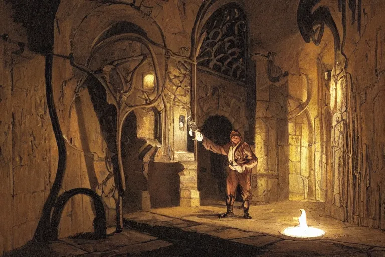 Image similar to a man holds a torch and explores a Dungeon, luminous, Art Nouveau