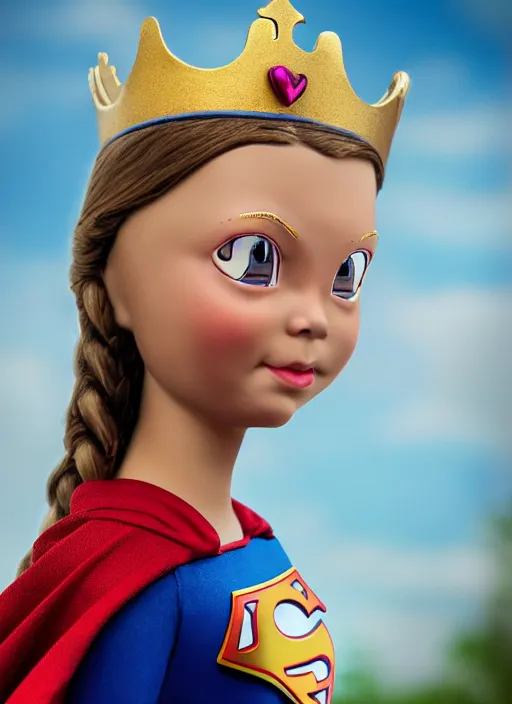 Image similar to closeup face profile portrait of a tin toy greta thunberg as supergirl as a fairytale princess wearing a crown, bikini, depth of field, zeiss lens, detailed, fashion photoshoot, by nicoletta ceccoli, mark ryden, lostfish, breathtaking, 8 k resolution, extremely detailed, beautiful, establishing shot, artistic, hyperrealistic, octane render