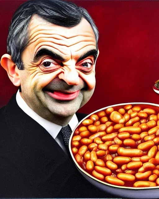Image similar to portrait of mr bean smiling in a bowl full of baked beans, face covered in beans and tomato sauce, rowan atkinson, mr bean face, surrealist oil painting, highly detailed