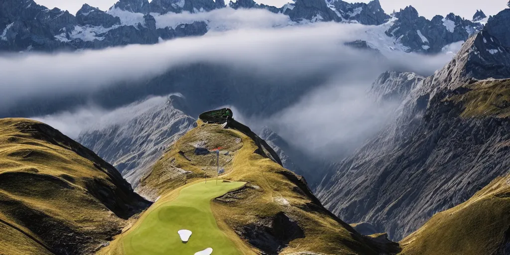 Image similar to a great photograph of the most amazing golf hole in the world, hangglider, perfect light, over a cliff, in the swiss alps, high above treeline, ambient light, 5 0 mm, golf digest, top 1 0 0, fog