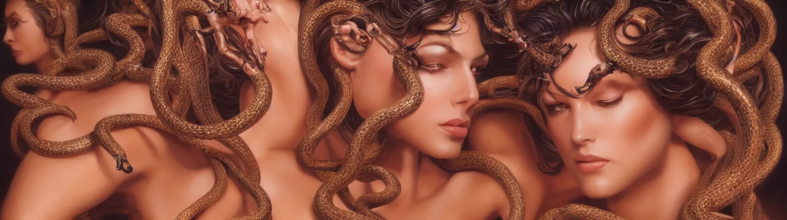 Image similar to beauty woman with snakes for hair, detailed face, surrounded by spiders, very detailed, dramatic lighting, electrical details, high details, 4k, 8k, trending on artstation, by Hajime Sorayama and Boris Vallejo