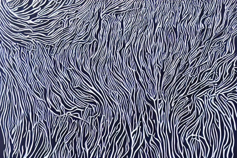 Image similar to reaction diffusion artwork of a winter forest, reaction diffusion linocut, flowing lines