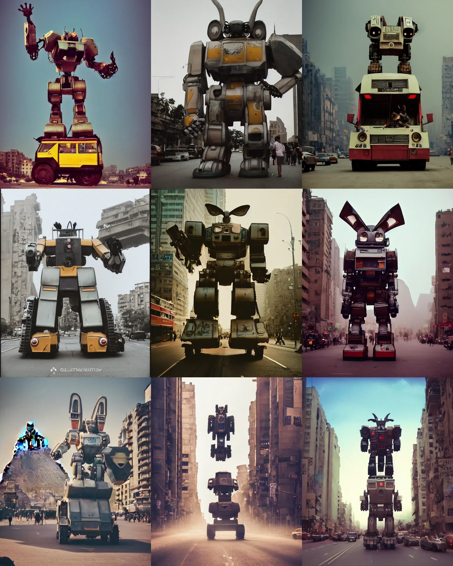 Prompt: epic battle pose! giant oversized battle robot mech as giant bulky chubby rabbit double decker bus with big ears and rabbit, in giza , Cinematic focus, Polaroid photo, vintage, neutral colors, soft lights, foggy, by gregory crewdson