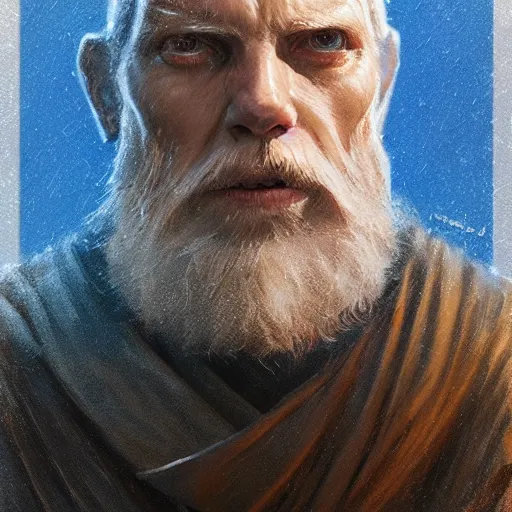 Image similar to portrait of a man by greg rutkowski, old jedi master, he looks like cameron monaghan, beard, wearing a blue jedi robes, star wars expanded universe, he is about 8 0 years old, highly detailed portrait, digital painting, artstation, concept art, smooth, sharp foccus ilustration, artstation hq