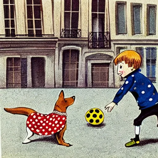Image similar to book illustration of a french boy on the streets of paris playing football against a corgi, the dog is wearing a polka dot scarf, 1 9 6 6