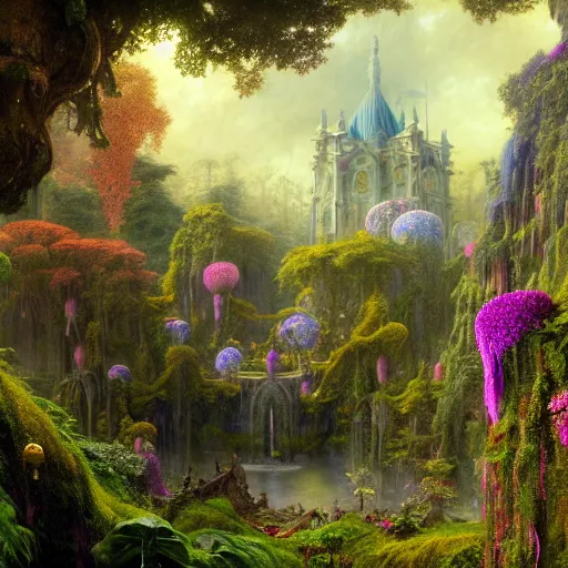 Prompt: a beautiful and highly detailed matte painting of a beautiful sprawling palace in a magical fantasy forest garden, psychedelic flowers and trees, colorful vegetation, epic scale, insanely complex, hyperdetailed, sharp focus, hyperrealism, artstation, cgsociety, 8 k, bright colors, by caspar friedrich, albert bierstadt, james gurney, brian froud,