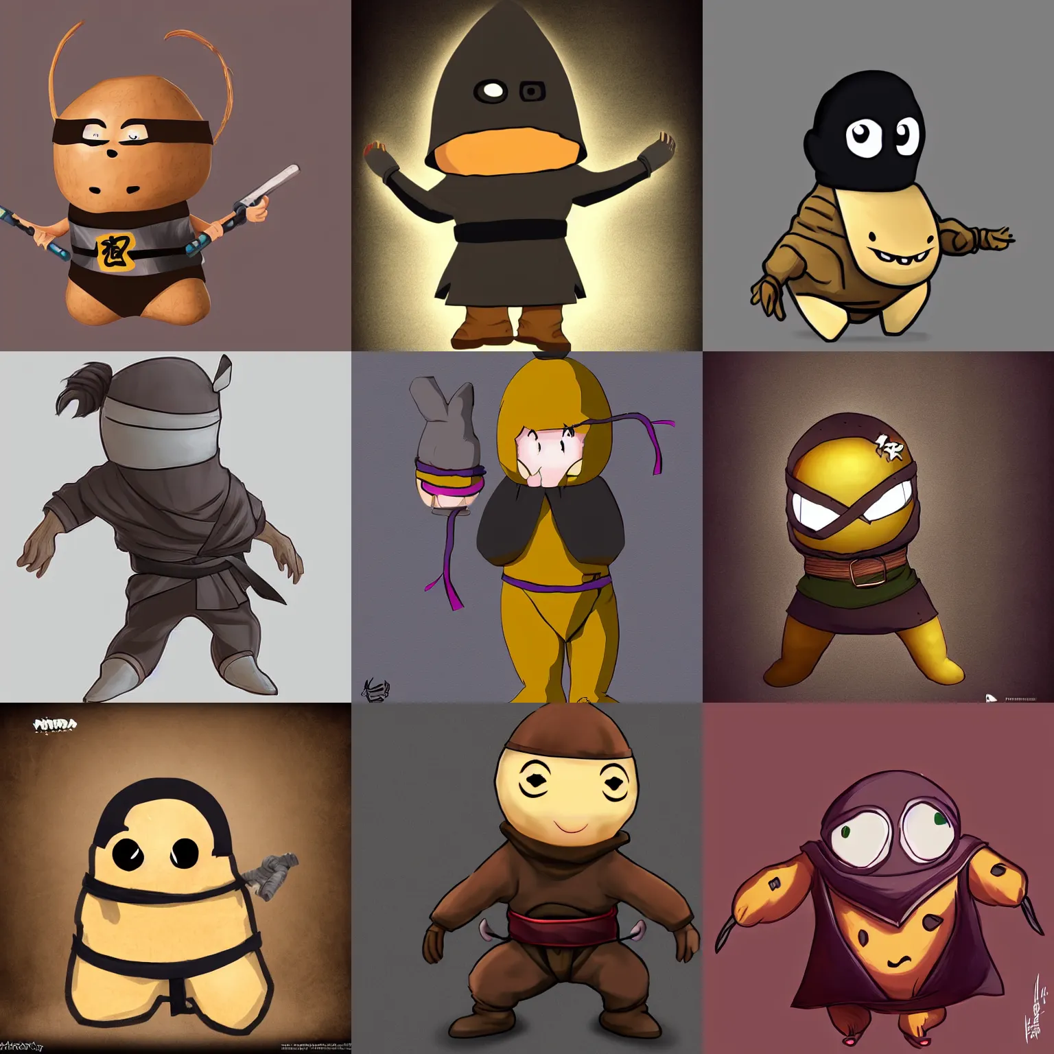 Prompt: a potato dressed as a ninja. the potato is wearing a ninja costume. character design, digital art, concept art, cinematic lighting