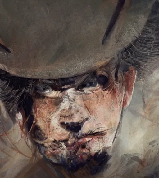 Image similar to portrait of muscular, tired and alcoholic 3 0 - year - old grieving man with short darkblonde hair, serious sad look in his eyes, looking down, dirty beard, blue eyes, crying tears, wearing dirty soldier uniform, on the desert, sad atmosphere, hyper realistic face, character art, art by mark brooks, cryengine, trending on artstation, digital art