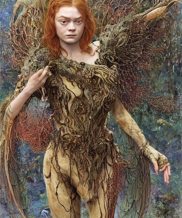 Prompt: a portrait photograph of a fierce sadie sink as an alien harpy queen with slimy amphibian skin. she is trying on a lace bulbous feathered slimy organic membrane parasite catsuit and transforming into an insectoid amphibian. by donato giancola, walton ford, ernst haeckel, brian froud, hr giger. 8 k, cgsociety