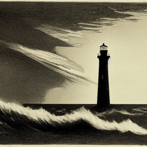 Image similar to an engraving of a storm battering a lighthouse by edward hopper