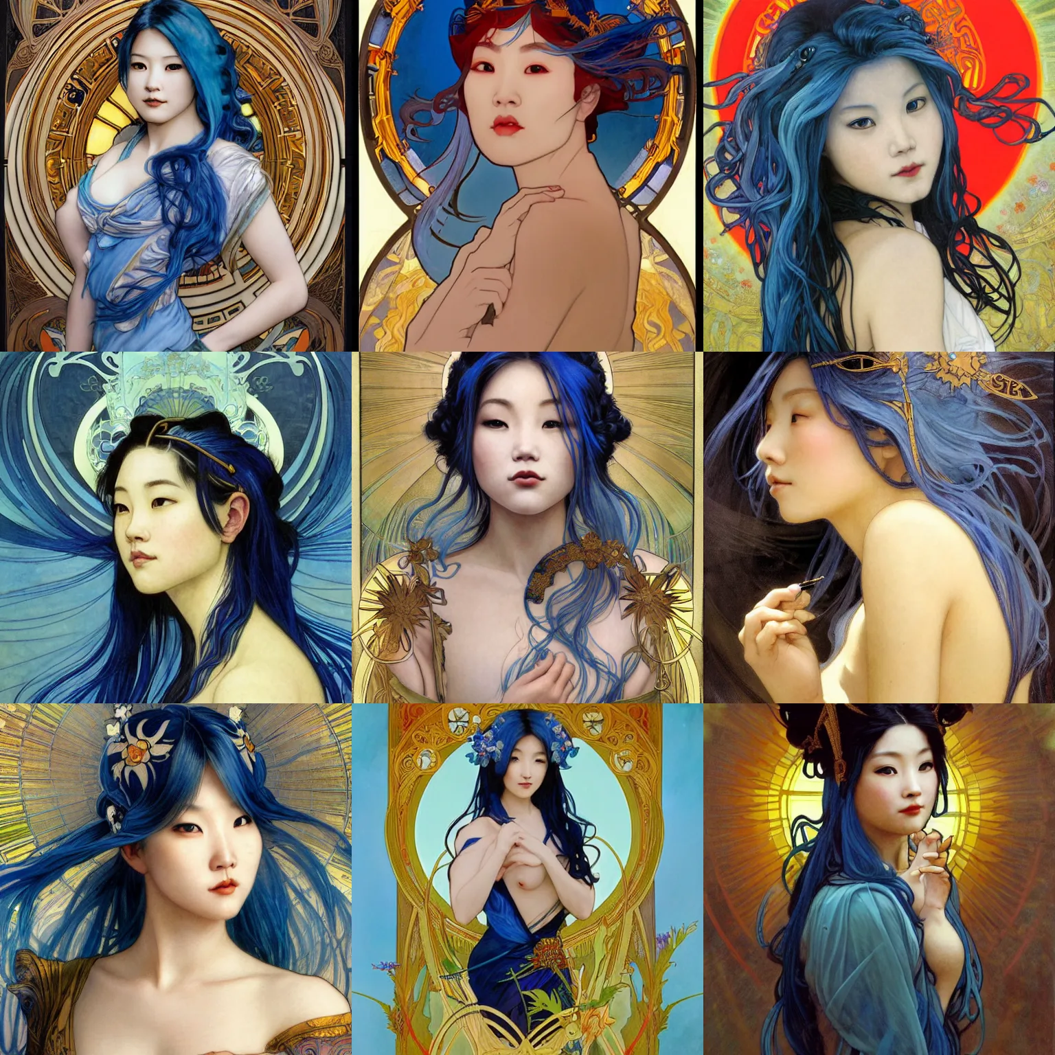 Prompt: stunning, breathtaking, awe-inspiring award-winning concept art nouveau painting of attractive Ashley Liao with blue hair, as the goddess of the sun, with anxious, piercing eyes, by Alphonse Mucha, Michael Whelan, William Adolphe Bouguereau, John Williams Waterhouse, and Donato Giancola, cyberpunk, extremely moody lighting, glowing light and shadow, atmospheric, cinematic, 8K