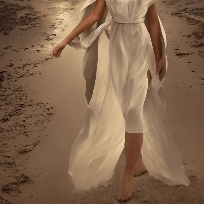 Prompt: a wonderful symmetrical goddes with a beautiful face dressed with a long white semi transparent and ornate cotton dress is walking in a sand, behind here there is a storm, one flash on top, one flash in front of her, artstation, octane render 8 k