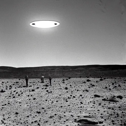 Prompt: president eisenhower aboarding a ufo in the desert, black and white photo