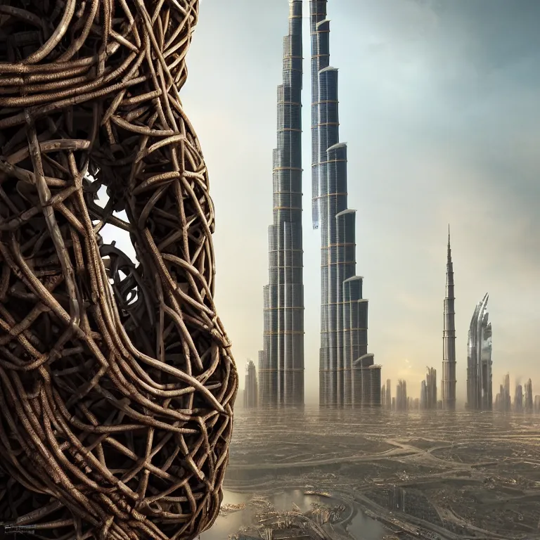 Prompt: a photobash by andrew palyanov and annibale siconolfi and yanick dusseault, a giant massive huge alien snake worm monstrous creature coiled around and hanging onto the side of the rusting dystopian ruins of the burj khalifa, photorealistic, ultradetailed, 4 k, hyperrealistic, golden hour