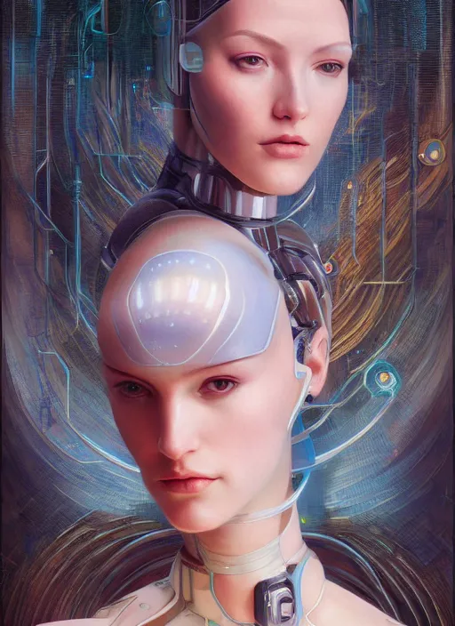 Image similar to portrait of a beautiful female android, coy, circuitry visible in head, in the style of ex machina, karol bak, botticelli, raphael, greg rutkowski, artstation,