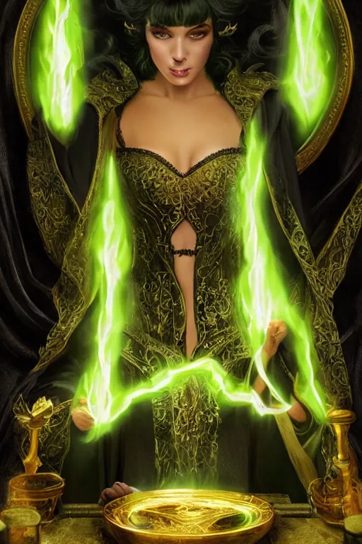 Image similar to a sorceress wearing a black robe with gold embroidery, sitting at table, casting a spell, green glows, painted by artgerm and tom bagshaw and wlop and stefan kostic, in the style of magic the gathering, highly detailed digital art