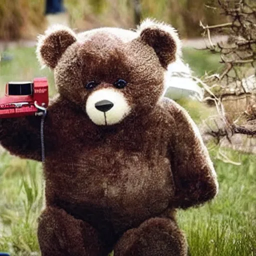 Image similar to Johnny Knoxville as a teddy bear, shoot out of a cannon, reality TV, landscape