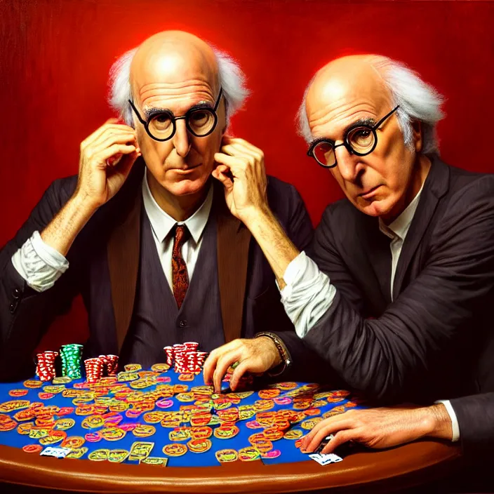 Image similar to bright psychedelic portrait of larry david playing poker, diffuse lighting, fantasy, intricate, elegant, highly detailed, lifelike, photorealistic, digital painting, artstation, illustration, concept art, smooth, sharp focus, art by John Collier and Albert Aublet and Krenz Cushart and Artem Demura and Alphonse Mucha