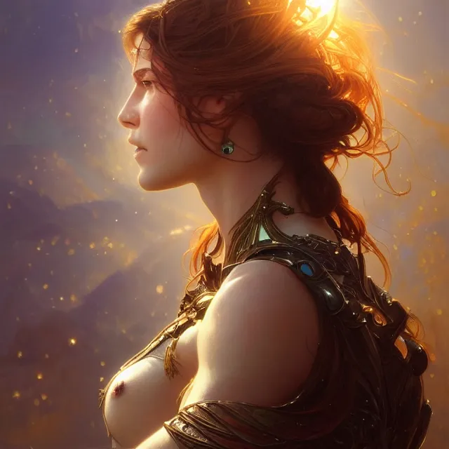 Prompt: close up portrait of a beautiful fantasy female warrior, shiny skin, glowing hair, subsurface scattering, artistic, magical glowing background with light rays, fantasy atmosphere. art by artgerm, greg rutkowski and alphonse mucha, highly detailed, intricate, lifelike. sci - fi, fantasy, magical, octane render,