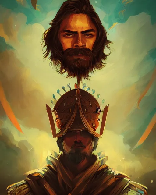 Prompt: digital illustration of a conquistador, art by anato finnstark and sangsoo jeong, treasure island movie color scheme, symmetric, facial features, portrait, handsome, digital painting, artstation, unreal engine