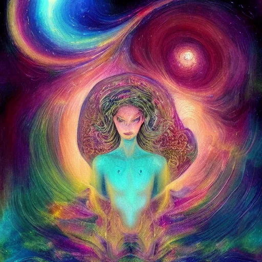 Image similar to beautiful detailed artistic portrait of a person travelling between different astral planes. consciousness is a different type of energy. grainy and rough. fine detail. soft colour scheme. artistic painting by lurid ( 2 0 2 2 ). featured on deviantart.