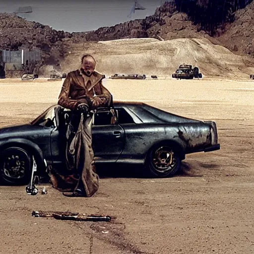 Prompt: William Tecumseh Sherman sitting in the driver's seat in Mad Max Road Warrior, rusted, cobbled together Nissan R34 GTR, interior, screenshot, cinematic Eastman 5384 film