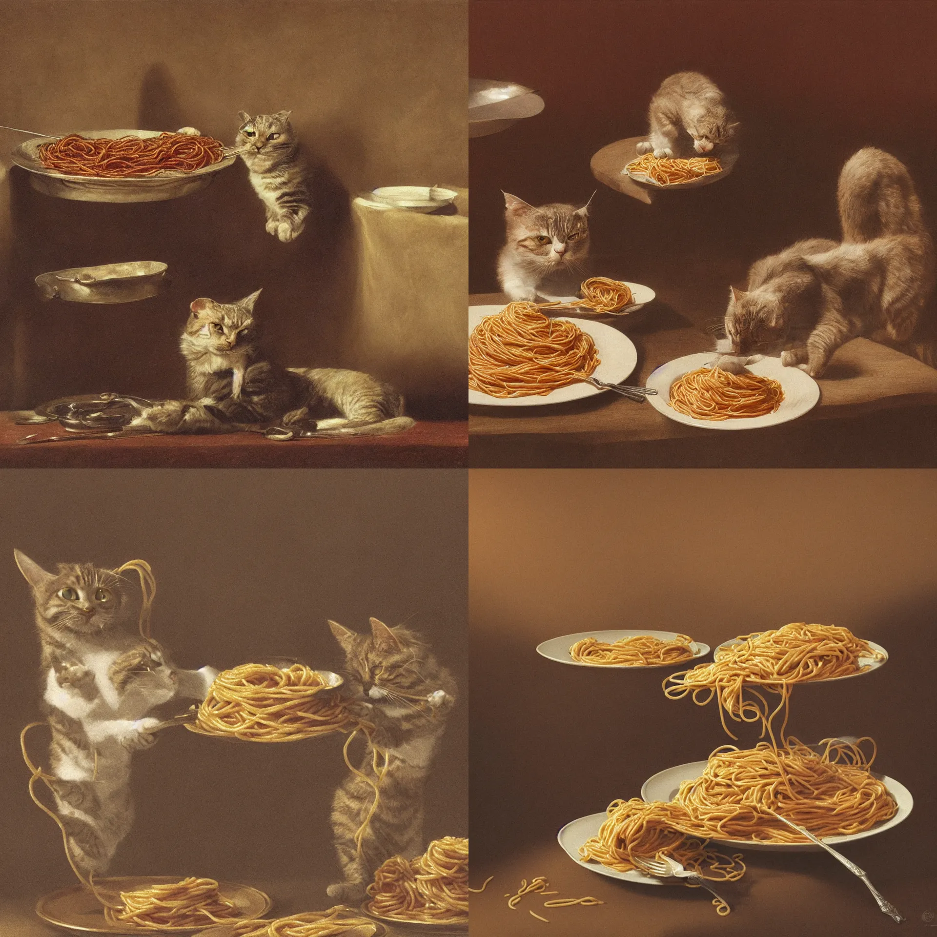 Prompt: a singular cat eating spaghetti, 3 dimensional render, by carl gustav carus, photorealistic, realistic, no floating