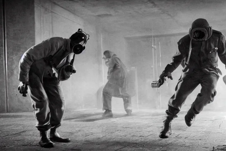 Image similar to madman in gasmask beats up mutants in soviet bunker