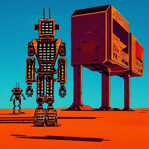 Image similar to “ a picture of a chrome robot walking through outer world desert, a retro sci - fi art by moebius, a path made of a circuit board, orange desert, bright clean blue sky, retro sci - fi adventures ”