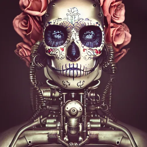 Image similar to a beautiful intricate fine art portrait photo of a a mechanical industrial steampunk cybernetic robot with sugar skull makeup, by tom bagshaw and zach sutton, roses surrounding the robot, perfection!, milk bath photography, studio lighting, 35mm lens, very detailed, bionic, cybernetic scifi, deep depth of field, artstation, 8K, highly coherent