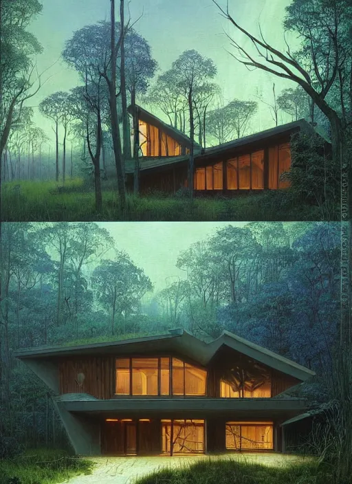 Image similar to hyper realistic witchy modern house with mood lighting and technology in the woods gorgeous lighting, blue sky, highly detailed, lush forest foliage painting by zdzisław beksinski and norman rockwell and greg rutkowski weta studio, and lucasfilm