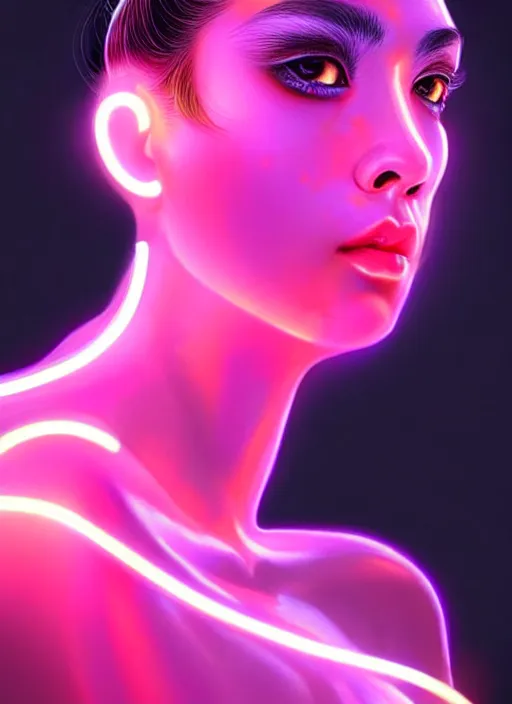 Prompt: photorealistic oriental female humanoid with freckle face, cyber neon lightings, futurism, cyberpunk high fashion, elegant side profile pose, intricate details, crispy quality, digital photography, trending in artstation, trending in pinterest, no watermark signature, cinematic, 4 k ultra hd, art by artgerm, art by greg rutkowski, art by pascal blanche