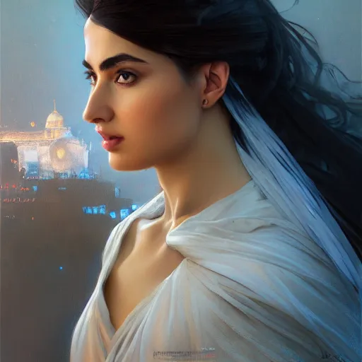 Image similar to a Photorealistic dramatic hyperrealistic render of greek arab ameera al taweel, blue eyes, wavy black hair, white veil,by WLOP,Artgerm,Greg Rutkowski,Alphonse Mucha, Beautiful dynamic dramatic dark moody lighting,shadows,cinematic atmosphere,Artstation,concept design art,Octane render,8K