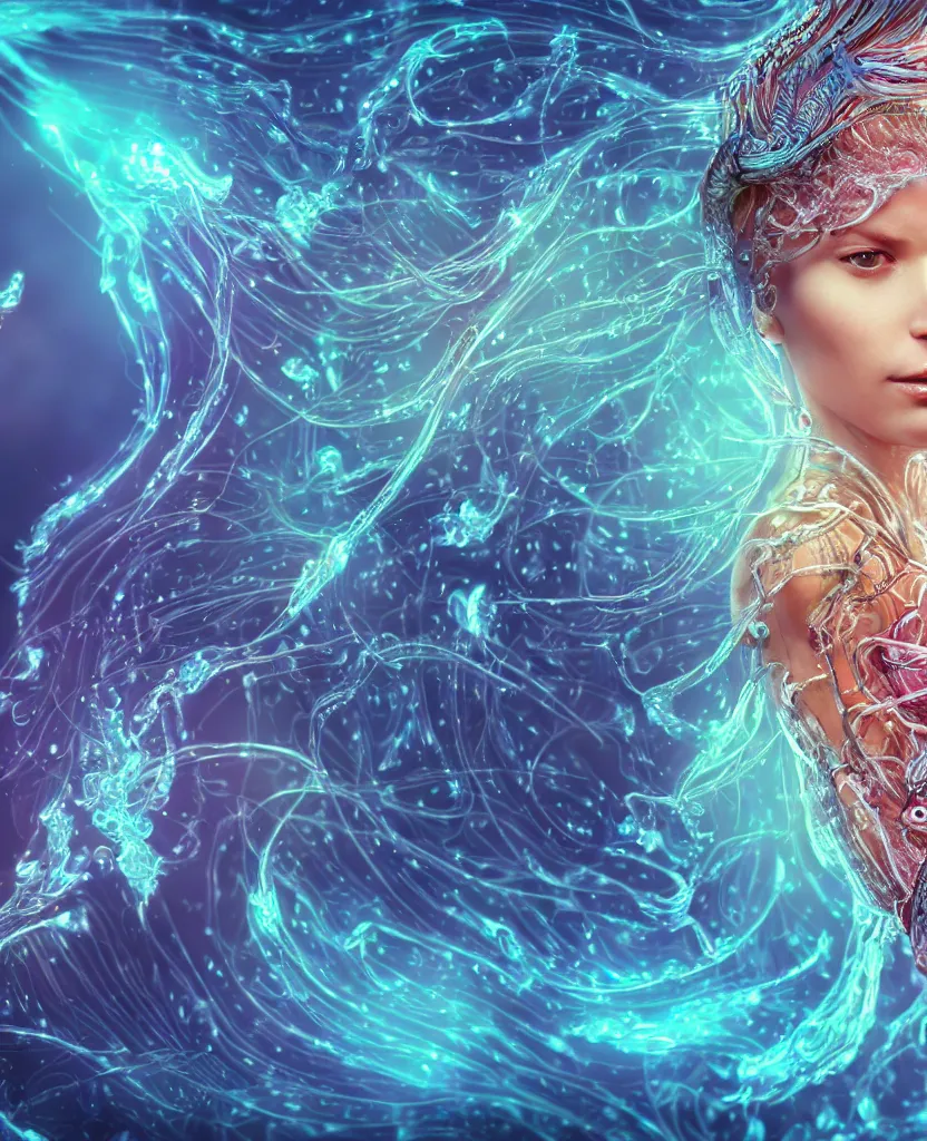 Image similar to close-up macro portrait of the face of a beautiful princess, epic angle and pose, symmetrical artwork, 3d with depth of field, blurred background, cybernetic jellyfish female face skull phoenix bird, translucent, nautilus, energy flows of water and fire. a highly detailed epic cinematic concept art CG render. made in Maya, Blender and Photoshop, octane render, excellent composition, cinematic dystopian brutalist atmosphere, dynamic dramatic cinematic lighting, aesthetic, very inspirational, arthouse. y Greg Rutkowski, Ilya Kuvshinov, WLOP, Stanley Artgerm Lau, Ruan Jia and Fenghua Zhong