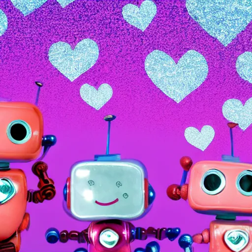 Prompt: tiny cute robots having fun at a party with cute pink hearts and exclamation points floating in the air