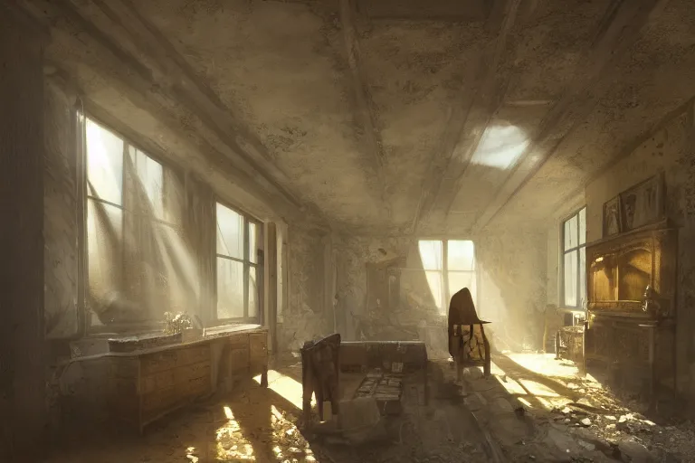 Prompt: the interior of an old abandoned house, an old oak tree grows inside the house, golden rays of sunlight enter through the window, digital art, trending on artstation, matte painting, concept art, drawn by greg rutkowski, inspired by johannes vermeer, cold colors