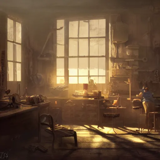 Image similar to A dusty toymaker’s workshop lit by a large glowing window, volumetric atmosphere with dramatic sunlight and shadows, Dean Morrissey and Craig Mullins photo illustration, highly detailed, 8k resolution, hyperrealistic, Maya render.